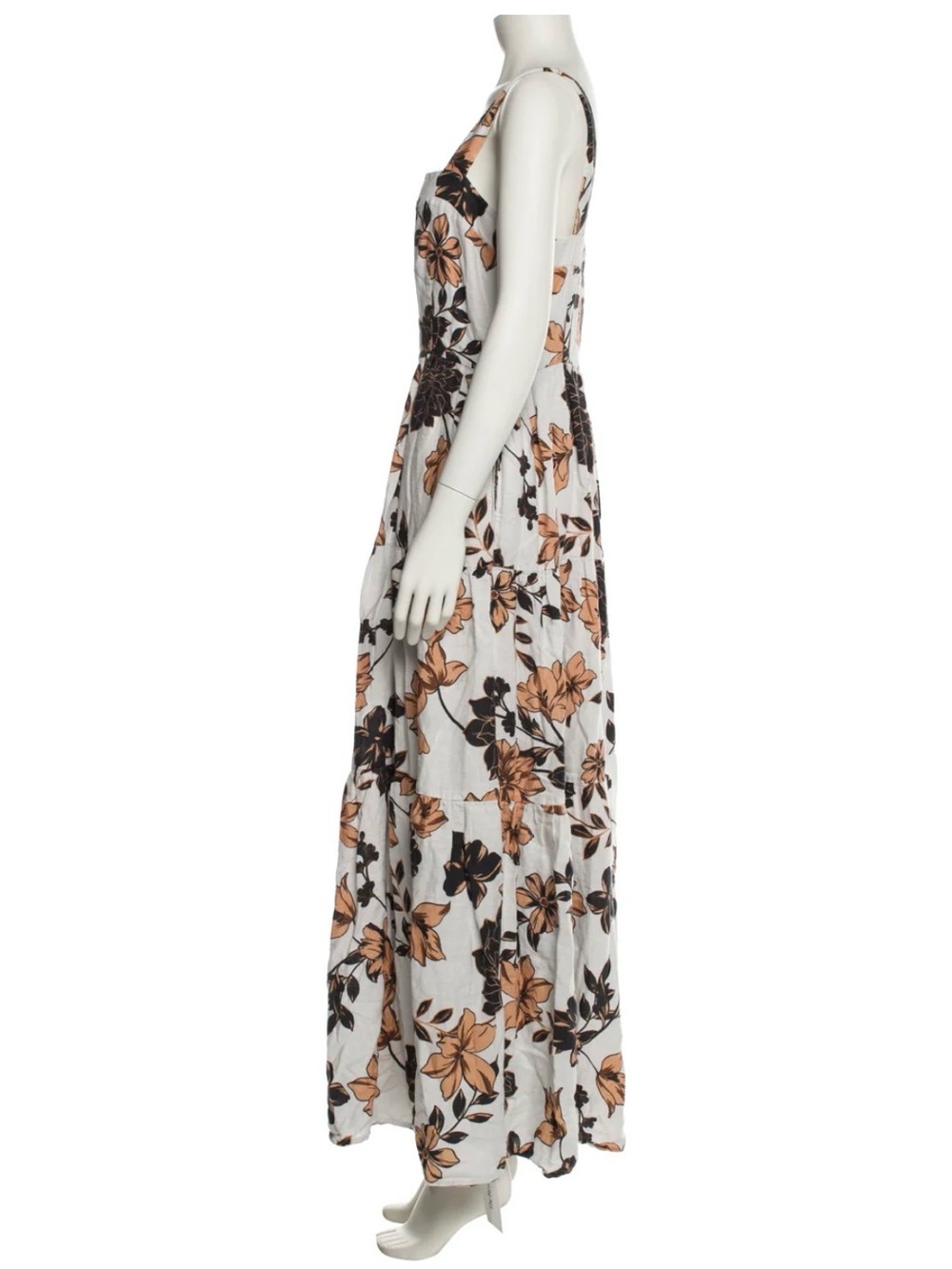 Nicholas Floral Long Tier Maxi Linen Sleeveless Lined Brown White Dress Size 16 - Picture 2 of 12